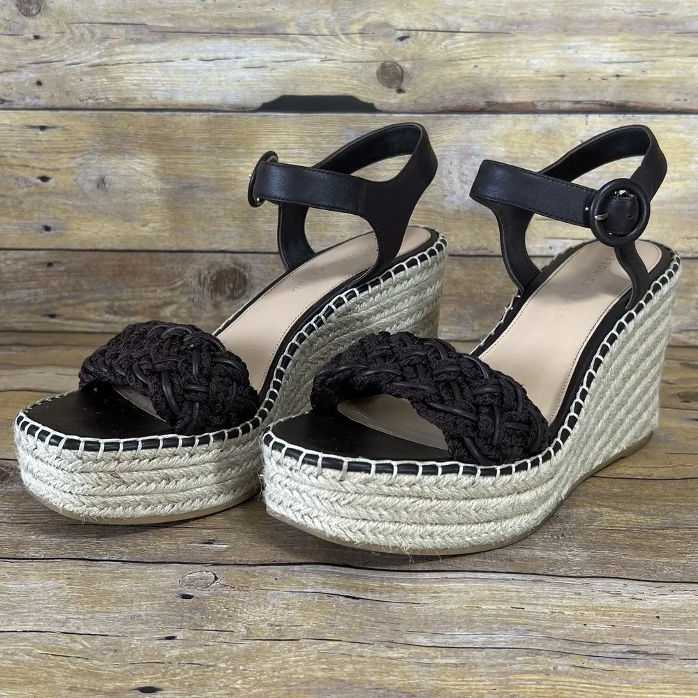 Veronica Beard Black Braided Espadrille Wedge  Leather Ankle Strap Size 10‎